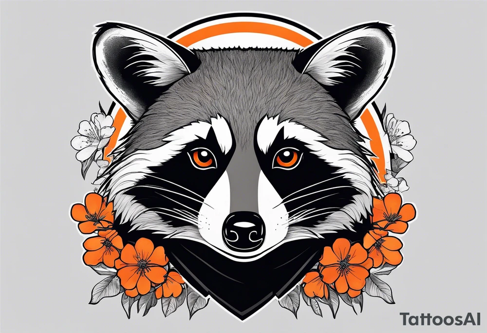 raccoon wearing a black and white Superman hoodie and orange Japanese cherry blossoms tattoo idea
