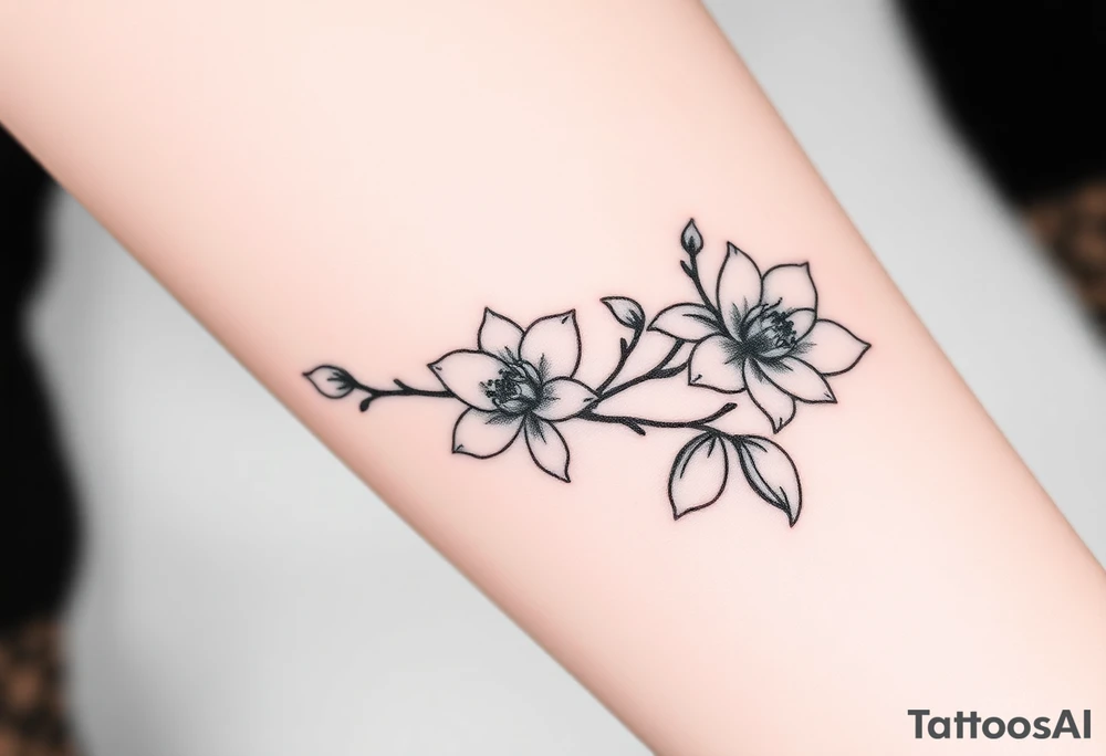 Long branch with magnolia flowers, in different blossom stages with botanical details, lines and dots tattoo idea