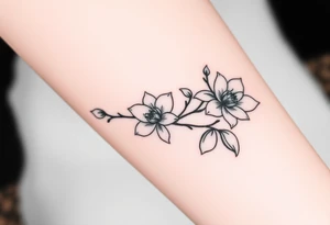 Long branch with magnolia flowers, in different blossom stages with botanical details, lines and dots tattoo idea