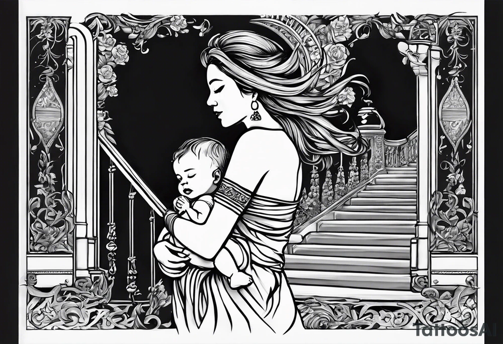 Stairway to heaven shoulder to elbow sleeve with sister holding her baby walking up the stairs and the dates 1999-2022 tattoo idea
