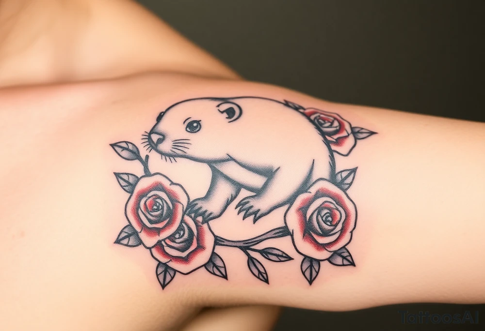 A mole animal with bold black outlines, and red roses surrounding it for a classic old-school aesthetic tattoo idea