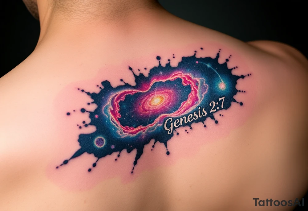 3d galaxy coming out of skin with genesis 2:7 written tattoo idea