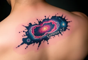 3d galaxy coming out of skin with genesis 2:7 written tattoo idea