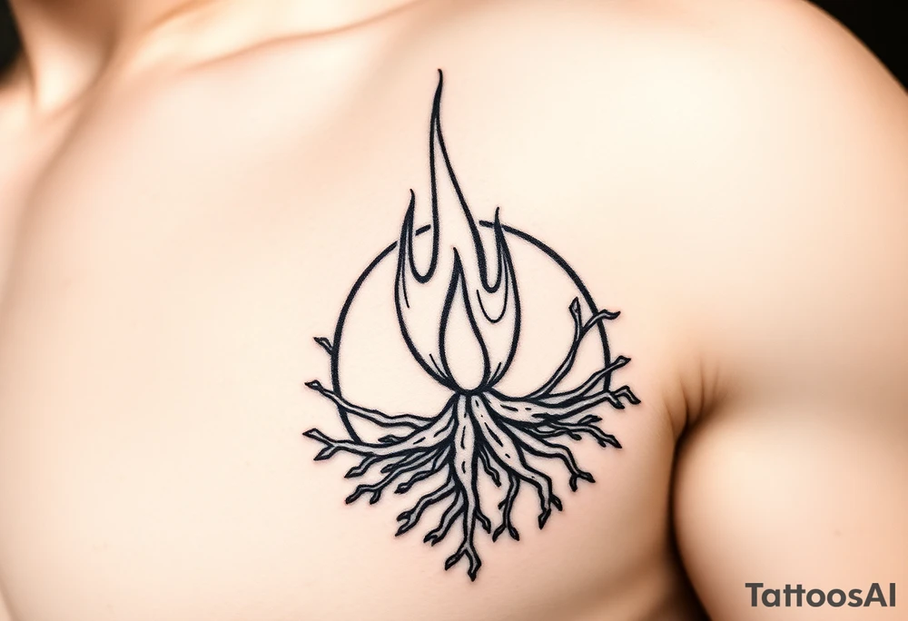 flame in a blooming roots circle tattoo idea