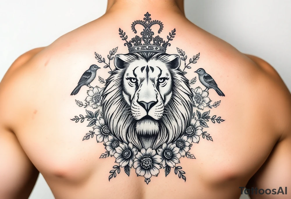 powerful majestic lion with a crown, surrounded by floral ornaments and birds tattoo idea
