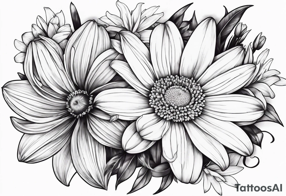 Large daisy flower and lily flower no stem few leaves around them tattoo idea