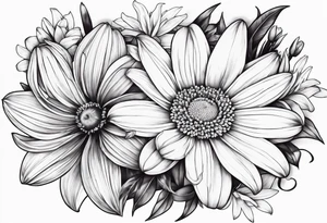 Large daisy flower and lily flower no stem few leaves around them tattoo idea