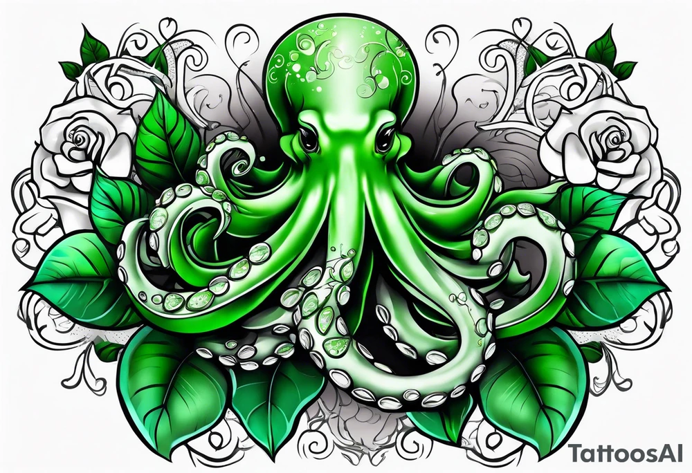 Electric octopus peaceful green roses tattoo idea