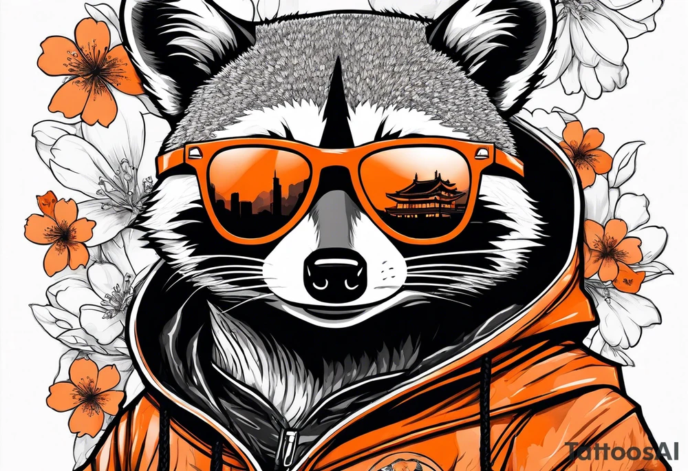 raccoon wearing a black and white Superman hoodie and orange Japanese cherry blossoms tattoo idea
