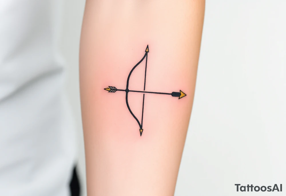 A minimalist Sagittarius bow and arrow, with a sleek, modern design in black ink and subtle gold accents tattoo idea