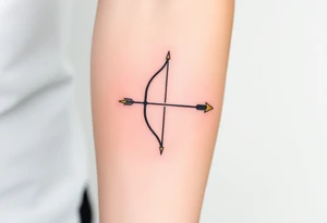 A minimalist Sagittarius bow and arrow, with a sleek, modern design in black ink and subtle gold accents tattoo idea