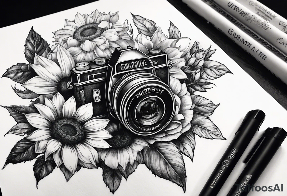 Butterfly, sunflower, camera, book, flower rose tattoo idea