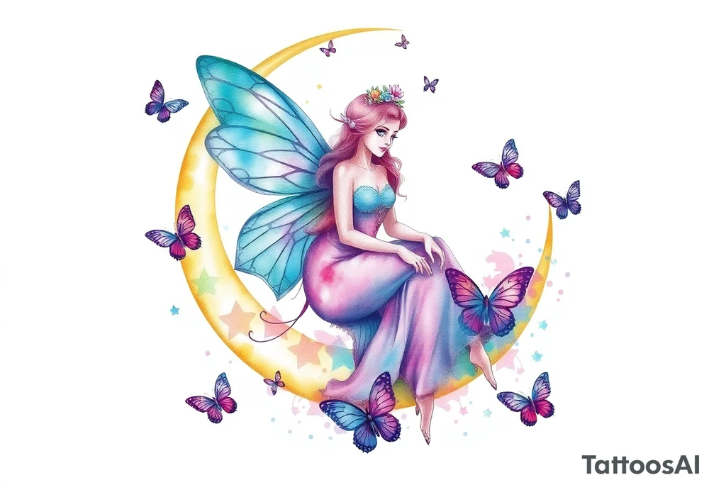 The fairy queen titania sitting on the crescent moon with butterflies tattoo idea