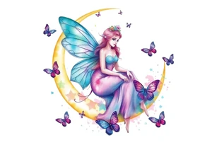 The fairy queen titania sitting on the crescent moon with butterflies tattoo idea