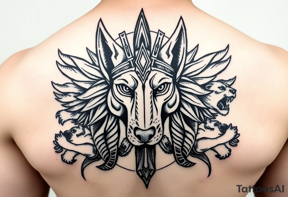 Egyptian Anubis god face muscle in Egypt style dog face surrounded Egyptian symbols and lions tattoo idea