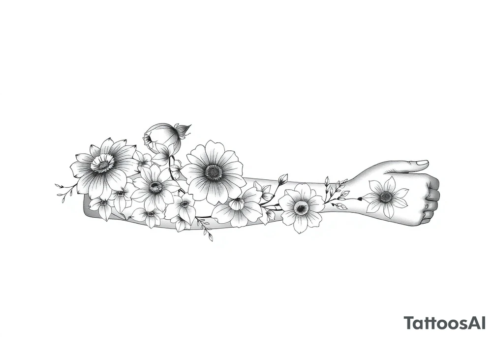 Doodles full sleeve with flowers. Not perfect lines. Abstract. Artistic. Unique tattoo idea