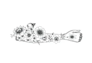 Doodles full sleeve with flowers. Not perfect lines. Abstract. Artistic. Unique tattoo idea