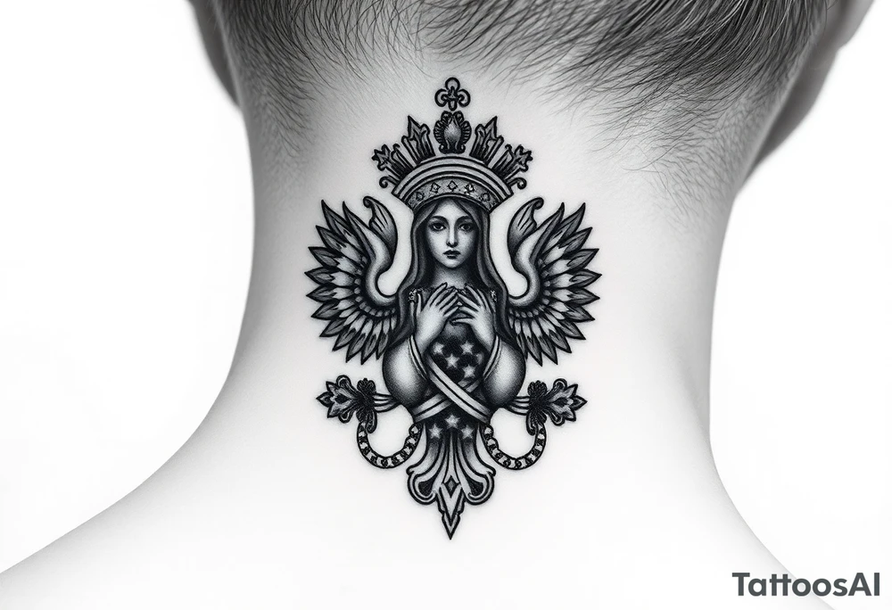 russian coat arms in a christian orthodox style virgin mary on the side of the neck tattoo idea