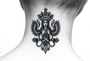 russian coat arms in a christian orthodox style virgin mary on the side of the neck tattoo idea