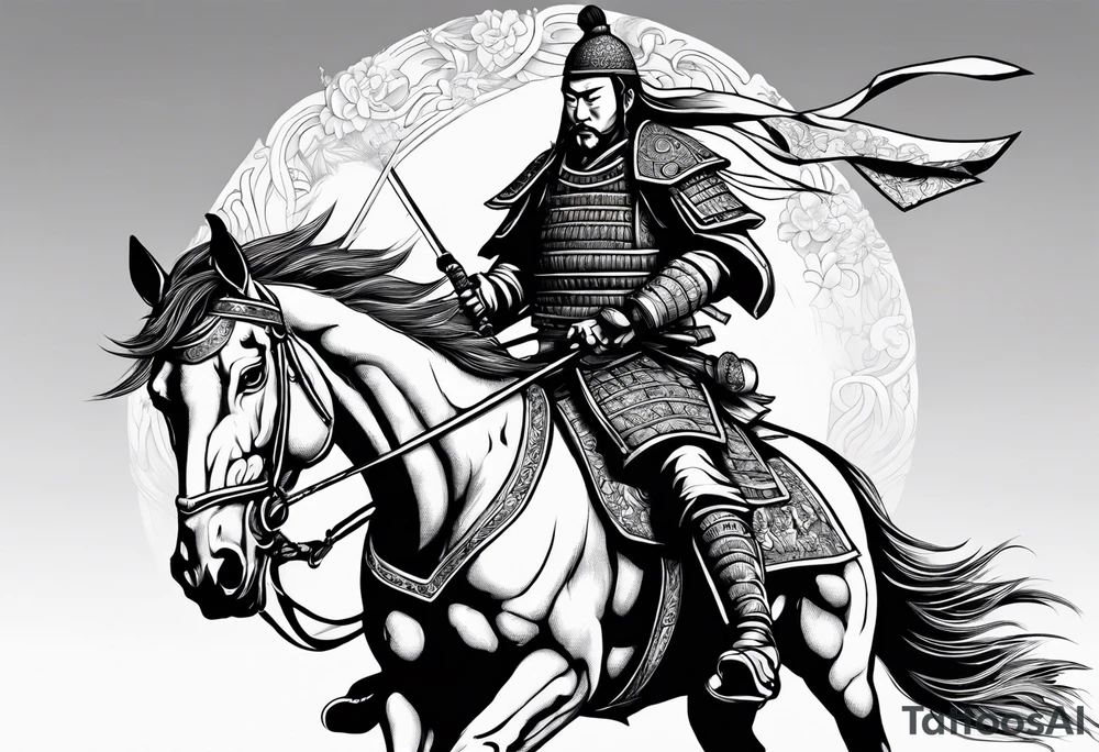 Mongol warrior on horseback carrying a head of a dead samurai tattoo idea