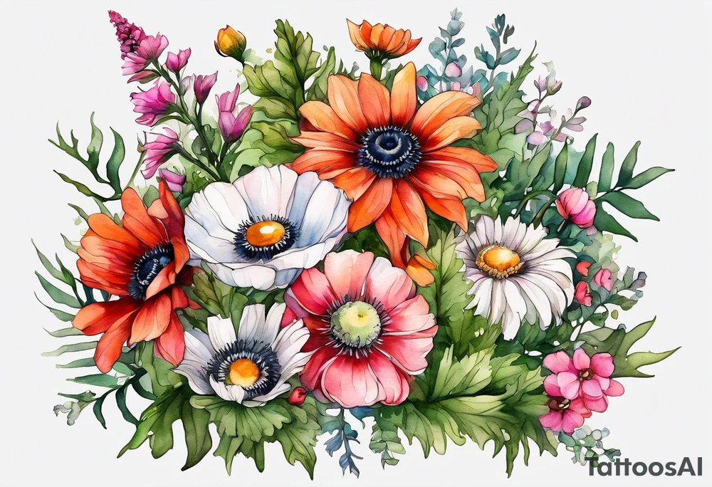 simple wildflowers cascading with thistles, ferns, white anemones, sun flowers, red flowers, pink flowers, green flowers, buttercups, orange flowers, babys breath and daisies all in watercolor tattoo idea