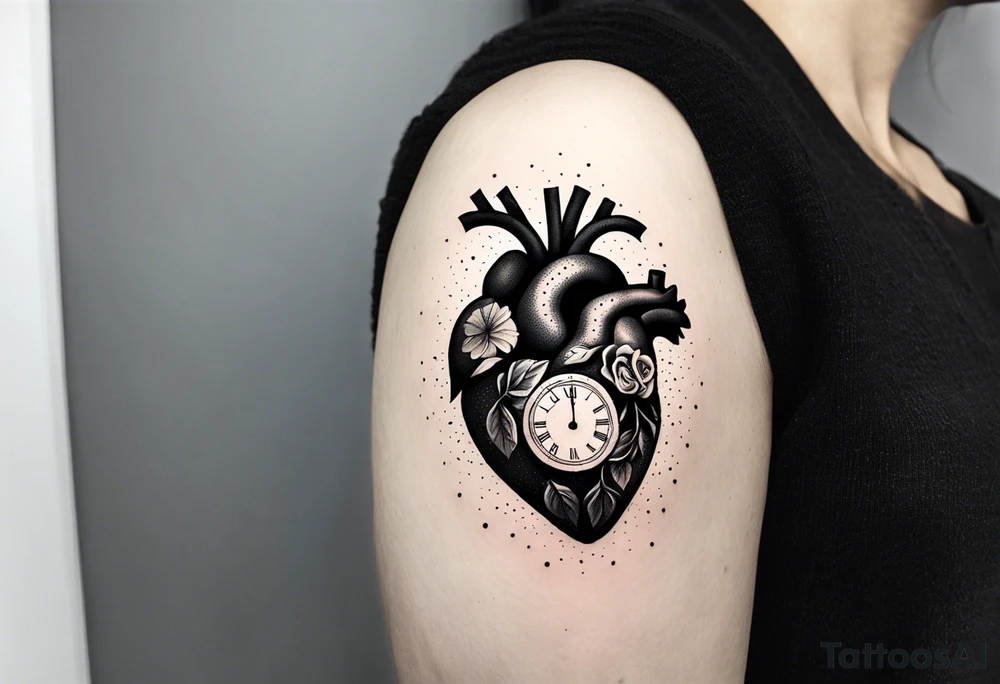 anatomical heart with clock in middle.
Clock hands on 8 and 5.
Never Say Never written on tattoo tattoo idea