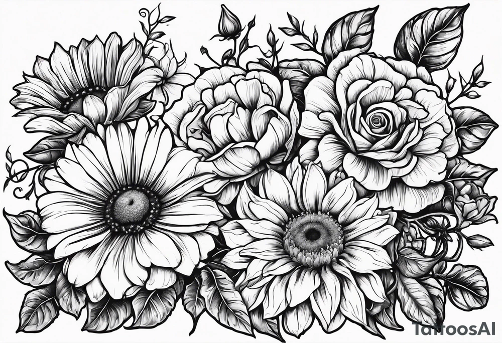 Roses, marigolds, cosmos, daisies, sweet peas and sunflowers vines long lines in a long line tattoo idea