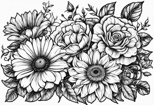 Roses, marigolds, cosmos, daisies, sweet peas and sunflowers vines long lines  in a long line tattoo idea