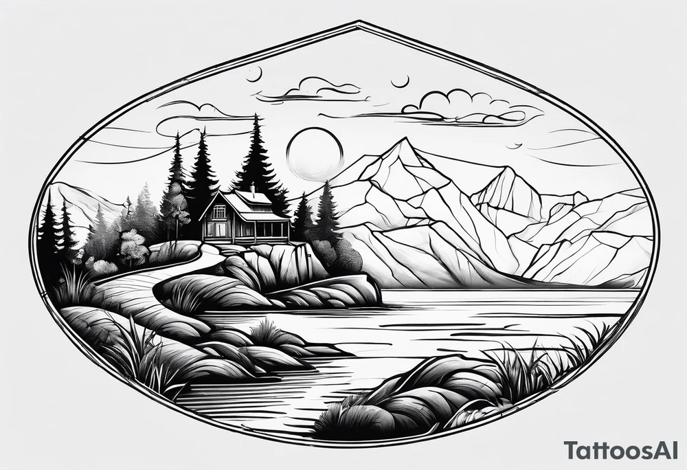 landscape and fishingpole and line with hook tattoo idea
