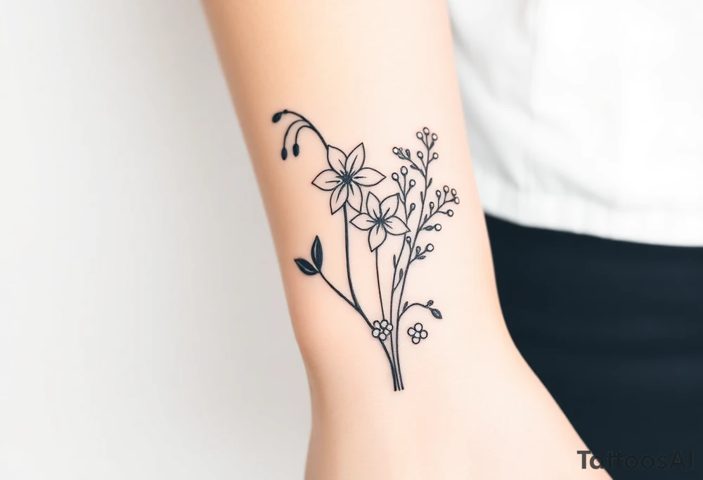 Bouquet of birth months flowers Lilly of the valley, daffodil, larkspur and Ilex aquifolium with berries tattoo idea