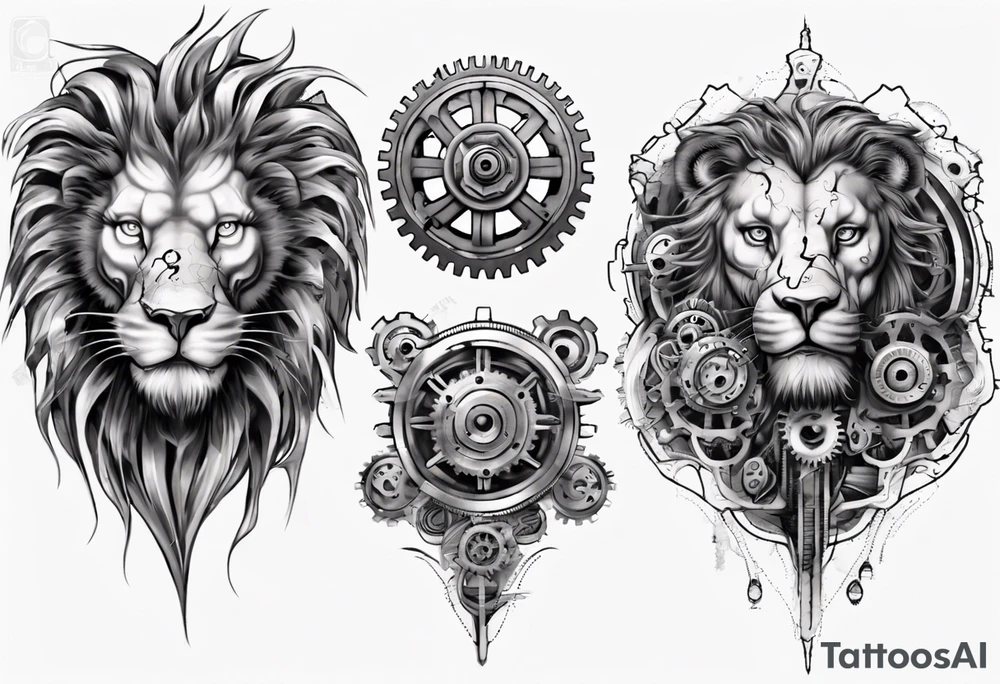 Biomechanical lion with gears inside tattoo idea