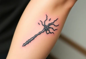 A Death Eater wand with a twisted bone-like structure, emitting dark magical tendrils tattoo idea