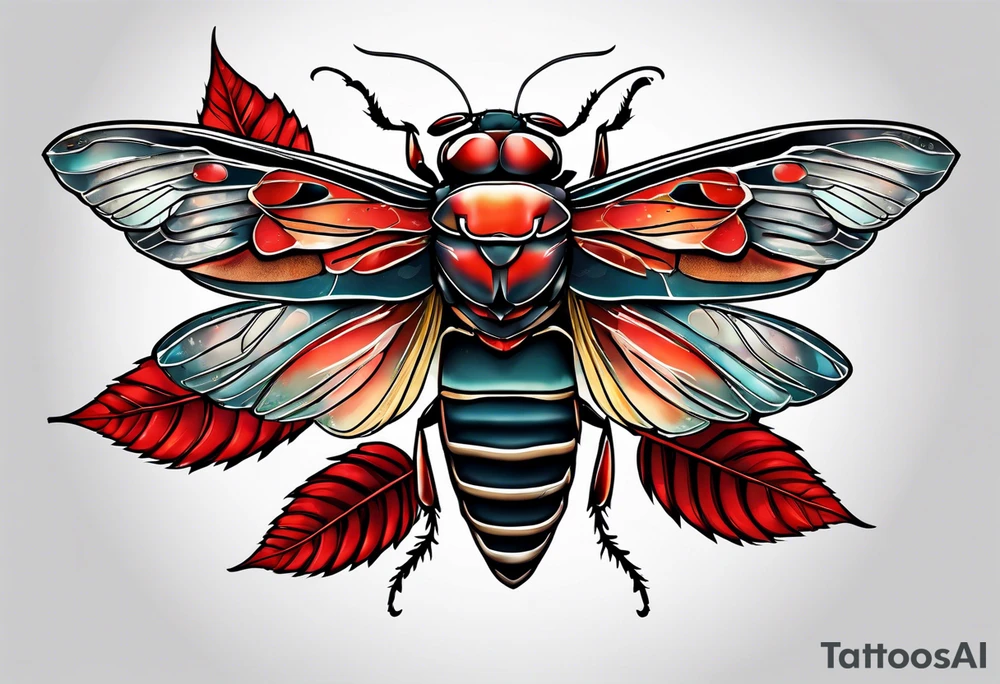 cicada on top of red leaves tattoo idea