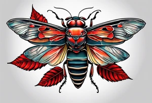 cicada on top of red leaves tattoo idea