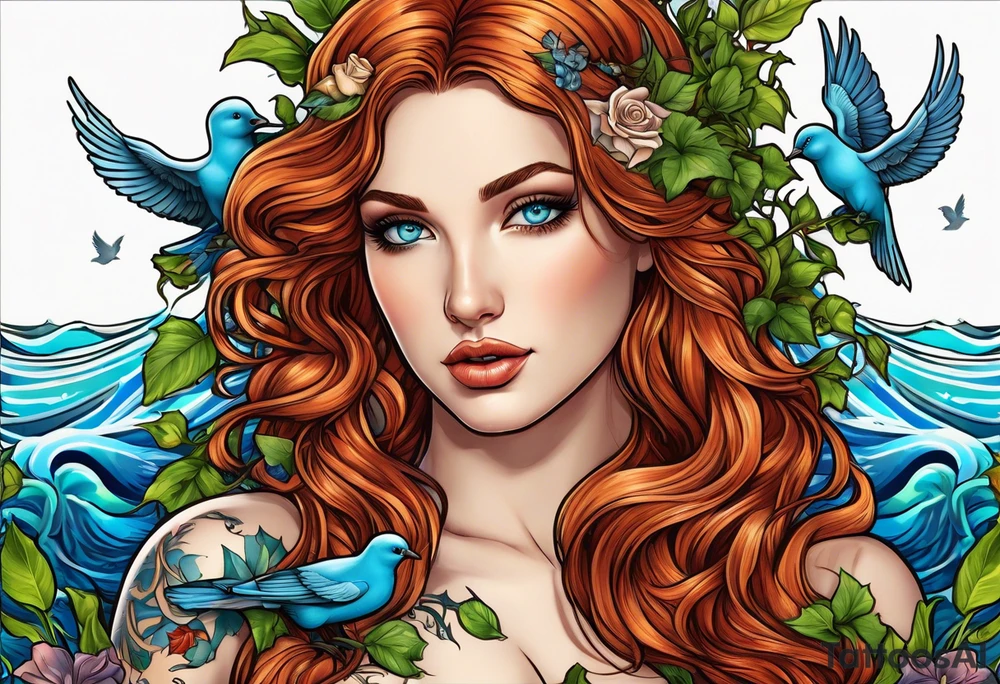 Aphrodite with auburn hair and ocean-blue eyes surrounded with doves and poison ivy tattoo idea