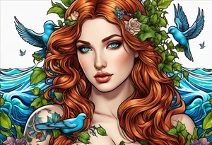 Aphrodite with auburn hair and ocean-blue eyes surrounded with doves and poison ivy tattoo idea