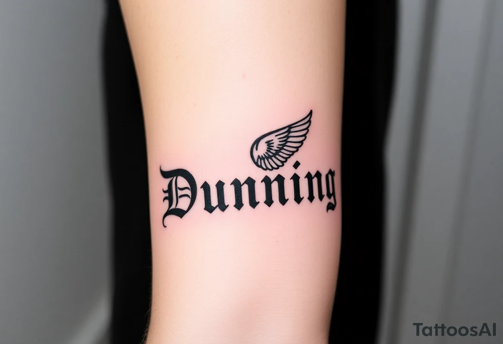 Last name Dunning, in Roman bold font in middle of forearm with background including leaves,angel wing going near elbow,tribal pattern. tattoo idea