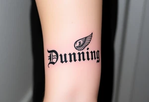 Last name Dunning, in Roman bold font in middle of forearm with background including leaves,angel wing going near elbow,tribal pattern. tattoo idea