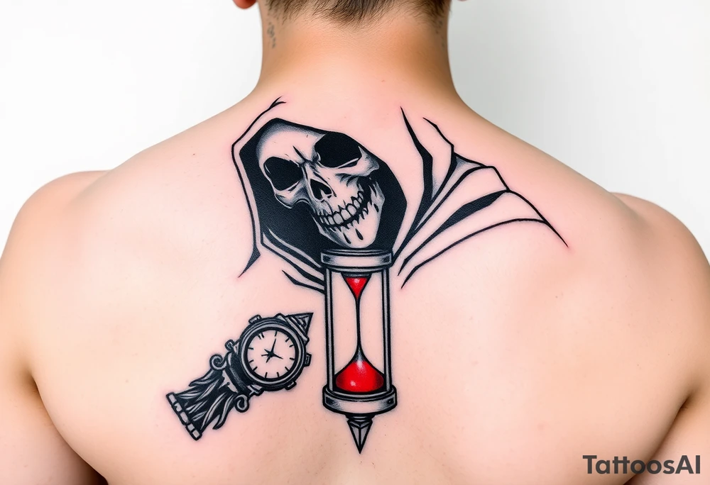 Simple grim reaper looking at a watch on his wrist with a hourglass with red sand and diamond geometric shapes tattoo idea