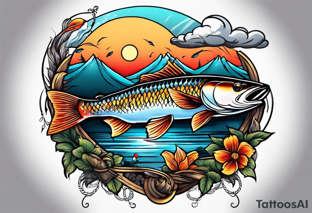 Fishing and outdoor scene sleeve tattoo idea