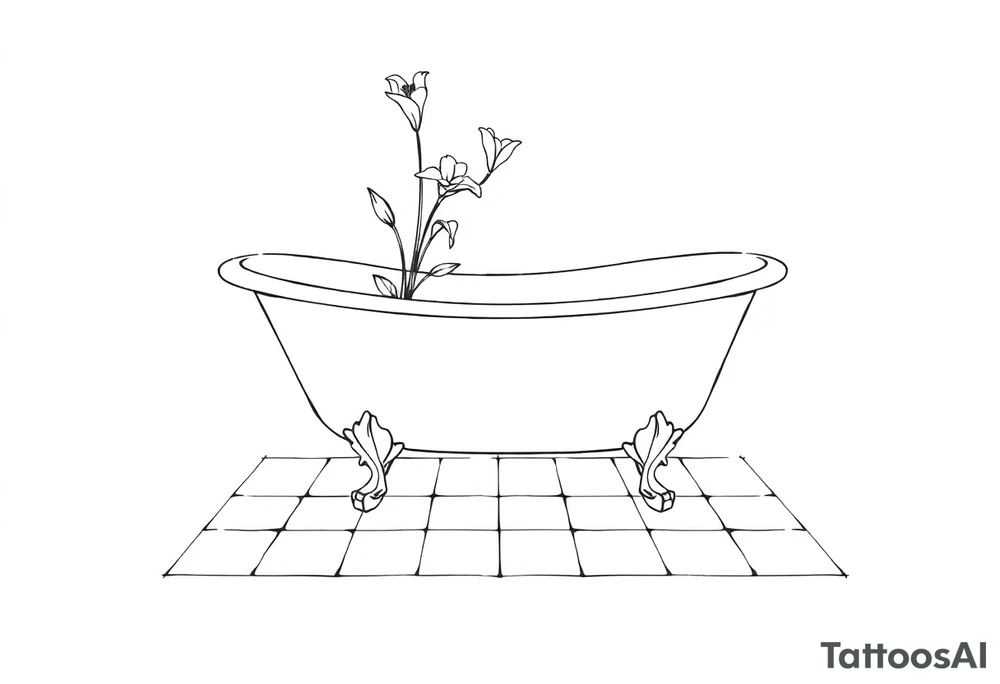 Clawfoot bathtub with lily coming up from tile floor tattoo idea