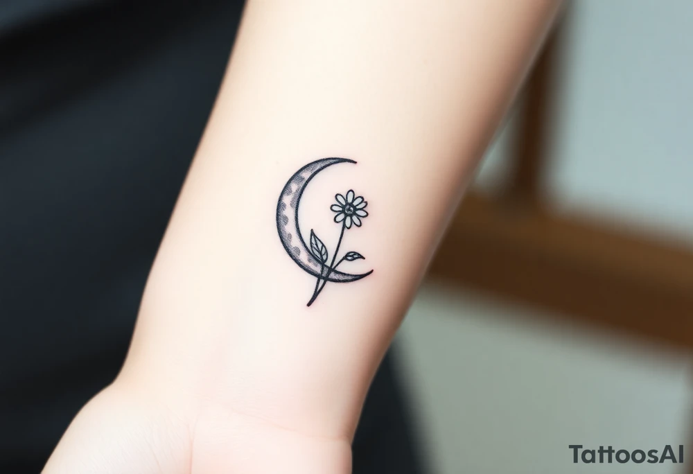 Small black and white tattoo waxing crescent moon with small Daisy birth flower and tiny Leo gliph tattoo idea