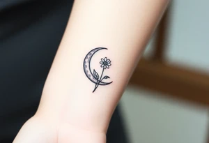 Small black and white tattoo waxing crescent moon with small Daisy birth flower and tiny Leo gliph tattoo idea