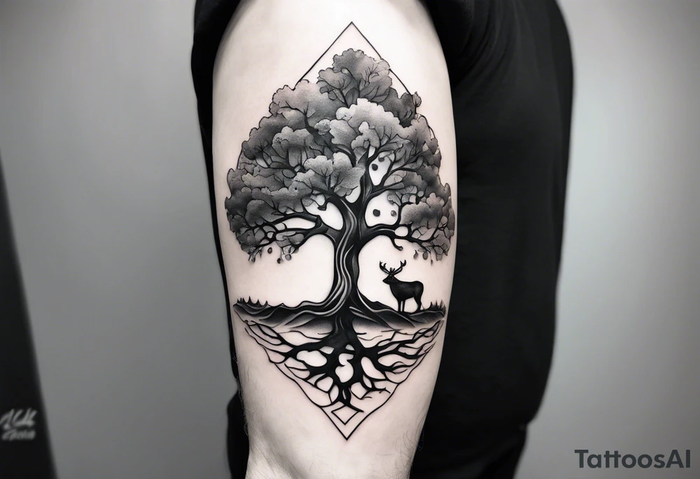 One line tattoo of oak tree with little gift at the bottom tattoo idea