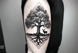 One line tattoo of oak tree with little gift at the bottom tattoo idea