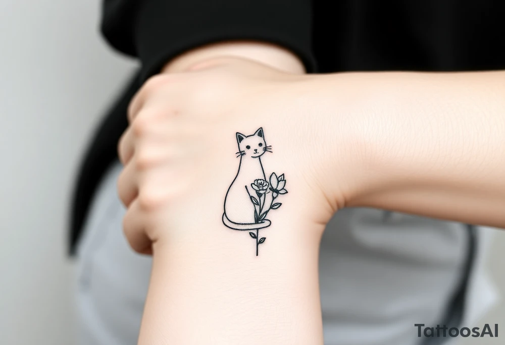 Line tattoo of a cat figure combining into a flower stem with a cute flower tattoo idea