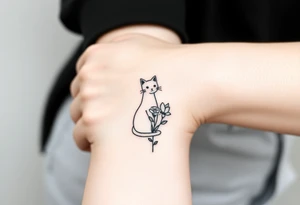 Line tattoo of a cat figure combining into a flower stem with a cute flower tattoo idea