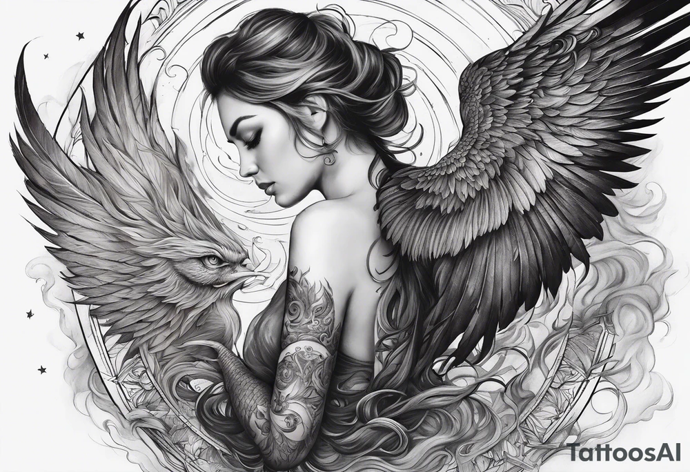 A full sleve tatoo on my right arm

A phoenix over my shoulder with an angel slying through the stars and witches in the image as well

Smoke and cosmic imagery tattoo idea