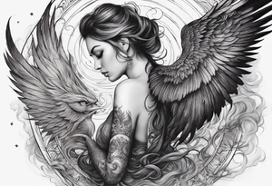 A full sleve tatoo on my right arm

A phoenix over my shoulder with an angel slying through the stars and witches in the image as well

Smoke and cosmic imagery tattoo idea