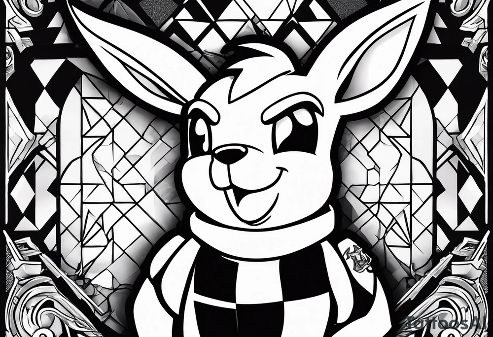 draw a sketch of a calf tattoo with cartoon characters from the 90s: Bart Simson, well, wait, Jerry, Kenny Souzpark, Bugs Bunny, Chip and Dale, spider-Man, Batman, Pikachu, Bender from futurama, Stu Griffins in the style of jealousy tattoo idea